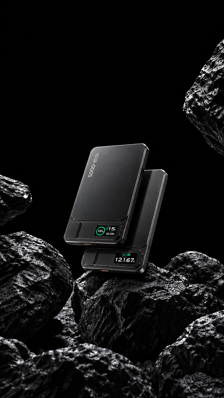 Black 10,000mAh magnetic power bank showing the digital display and built-in cable against a dark rocky backdrop