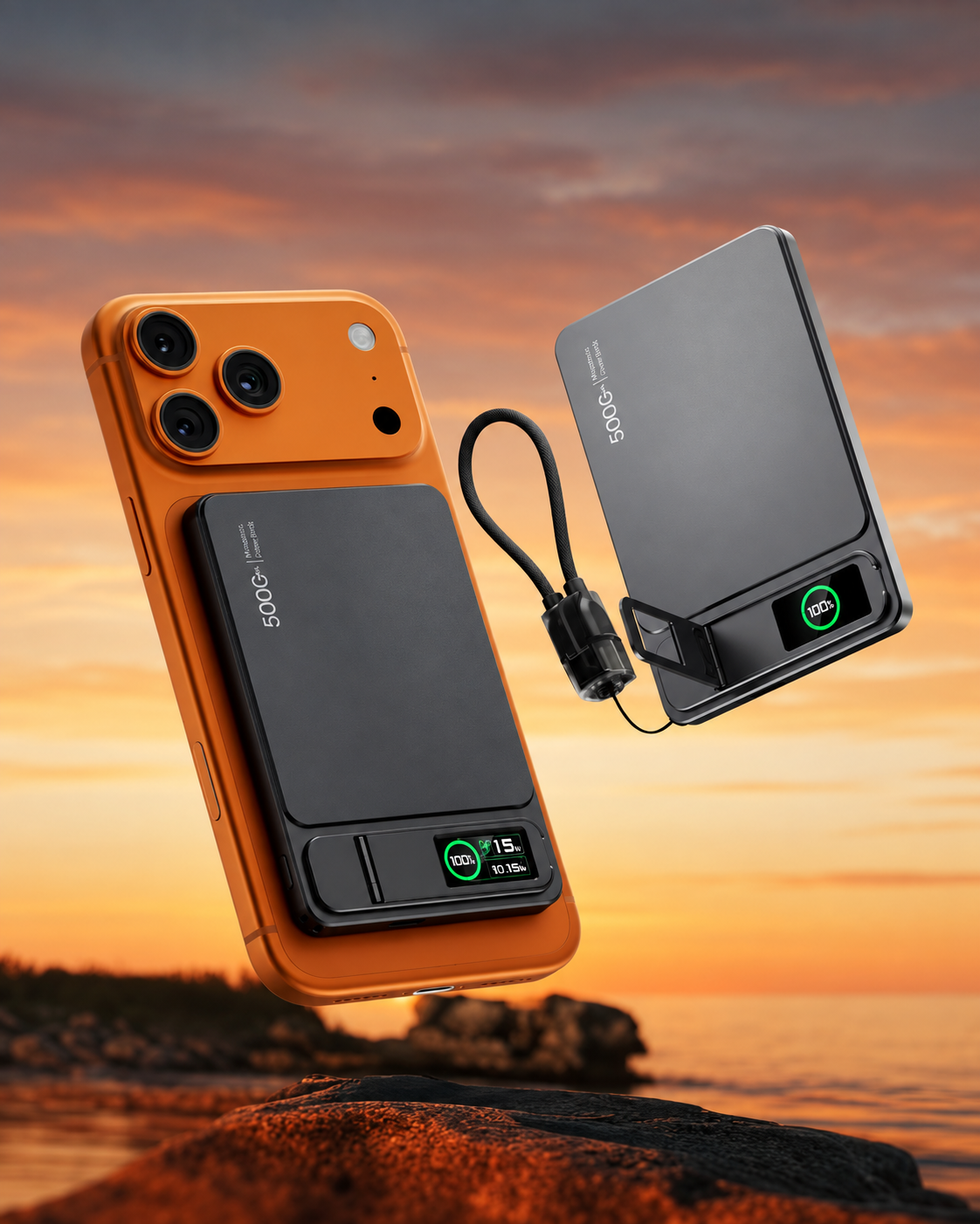 Black magnetic power bank attached to an orange phone, with a second power bank connected by the built-in USB-C cable