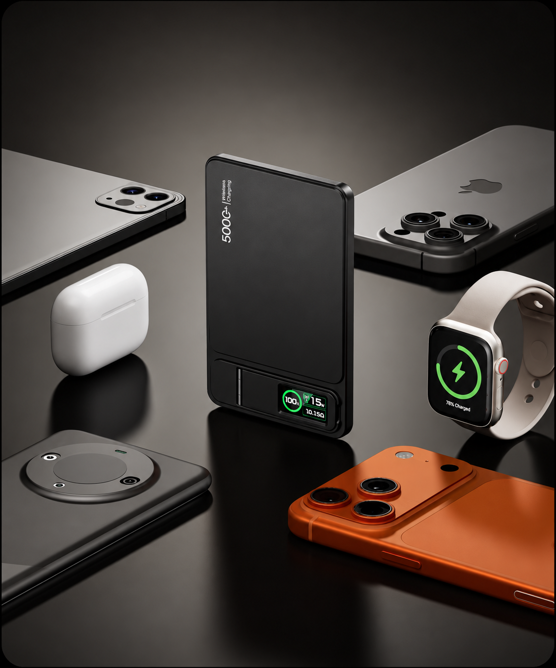 Black magnetic power bank shown at the center of a phone, earbuds, smartwatch, and other compatible devices