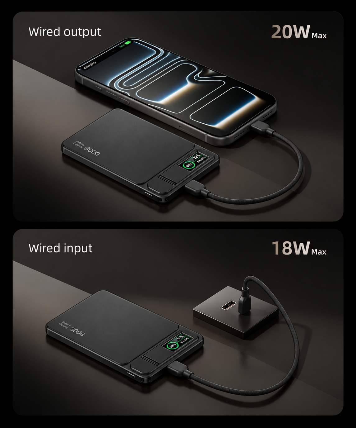 Black power bank shown charging a phone by cable and recharging from a wired power source