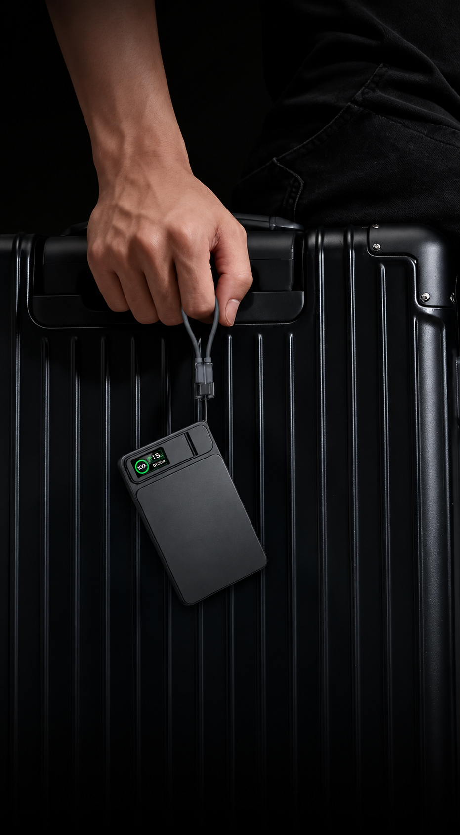 Black magnetic power bank hanging from a suitcase handle, ready for travel