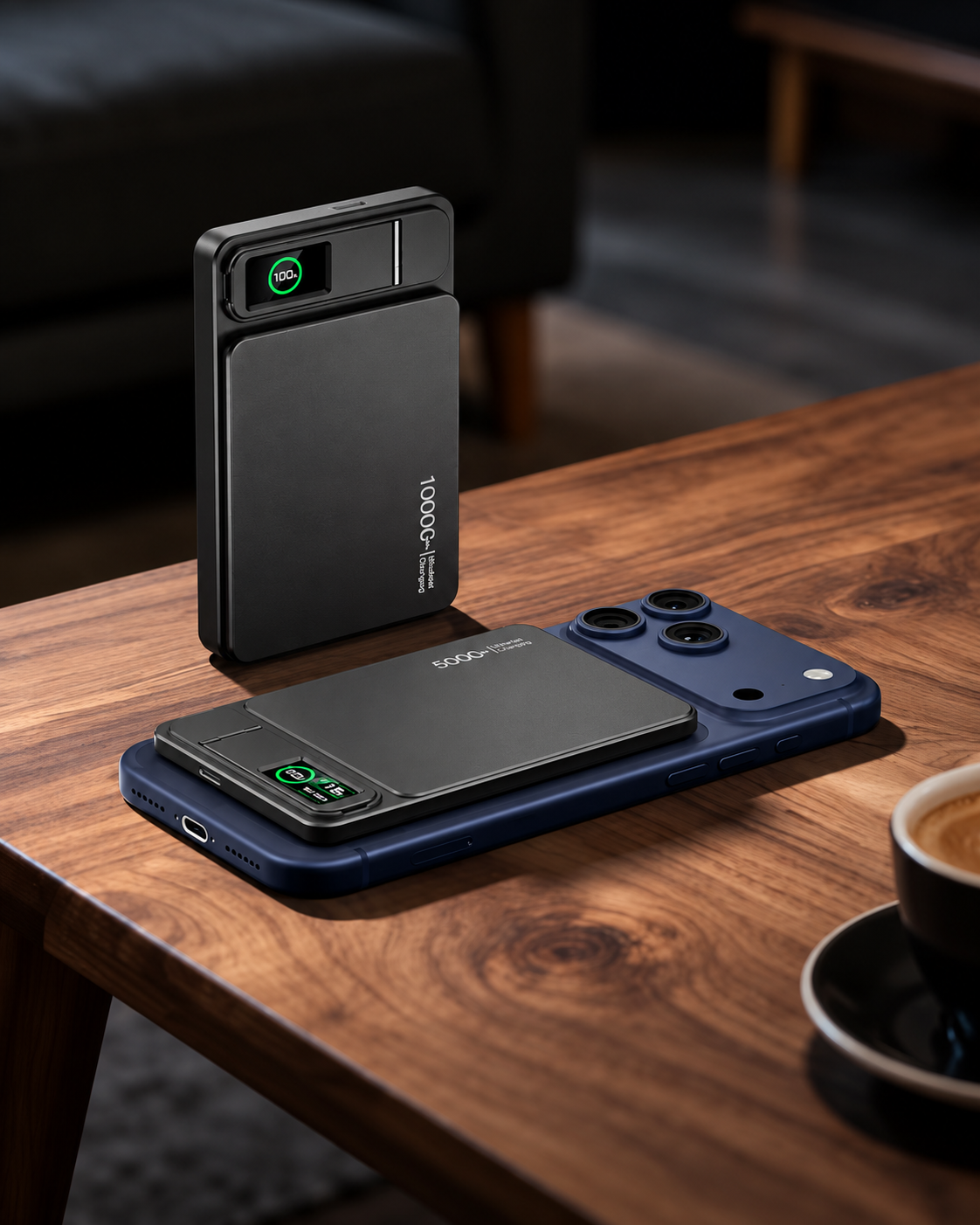Black magnetic power bank charging a phone on a wooden table, with a second power bank standing behind it
