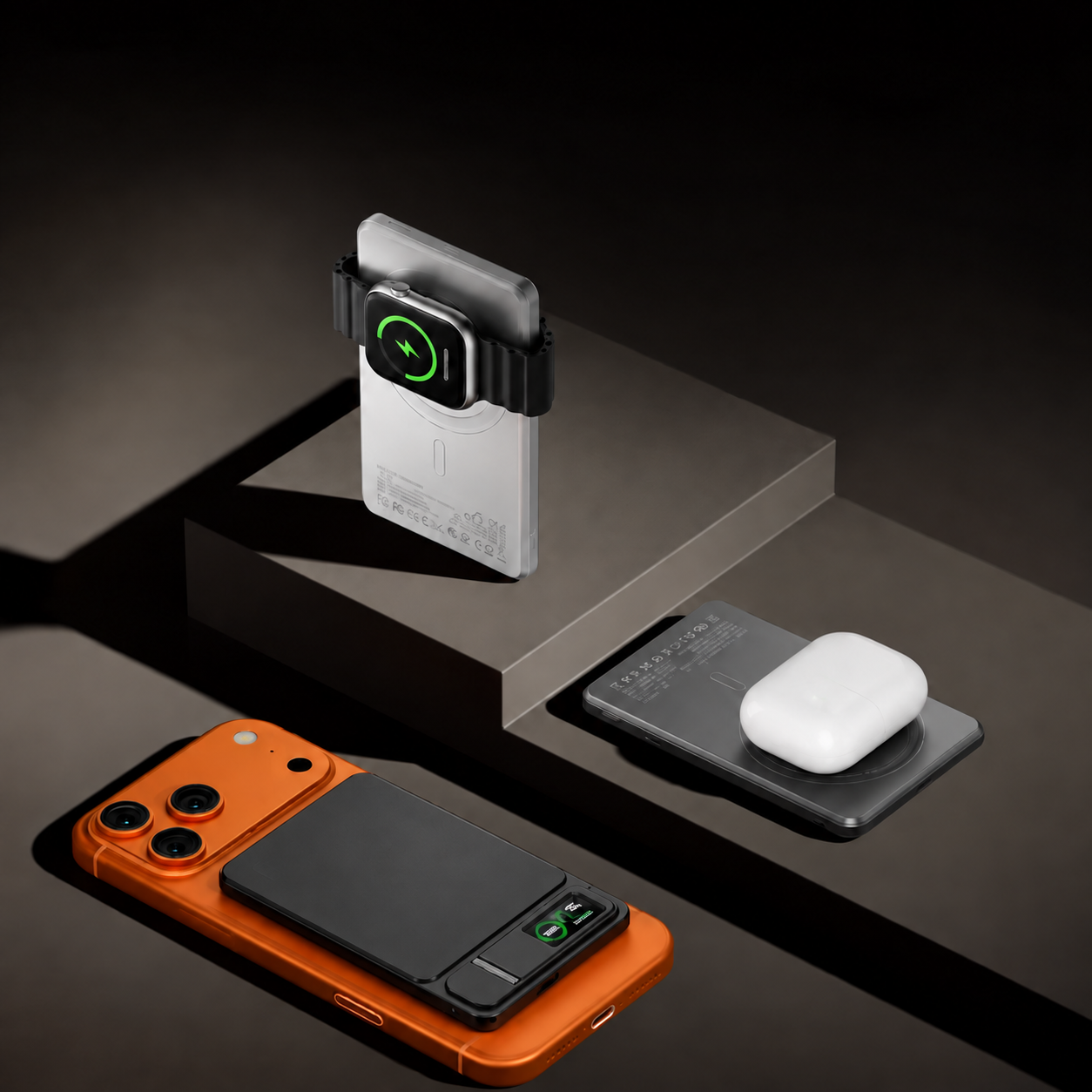 Black 10,000mAh magnetic power bank charging a smartwatch, with a phone and earbuds case showing the full charging ecosystem