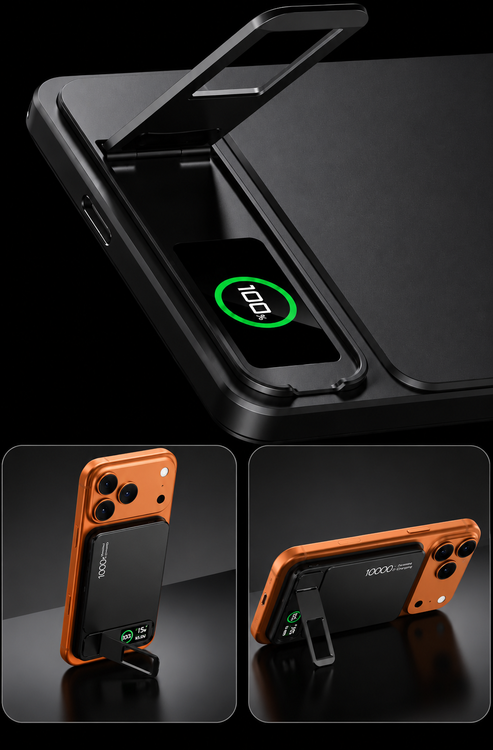 Black 10,000mAh magnetic power bank with the fold-out kickstand deployed, showing the digital battery display