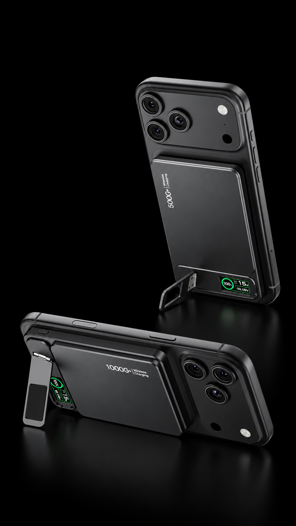 Two phones with black magnetic power banks attached, showing the fold-out kickstand in portrait and landscape orientations