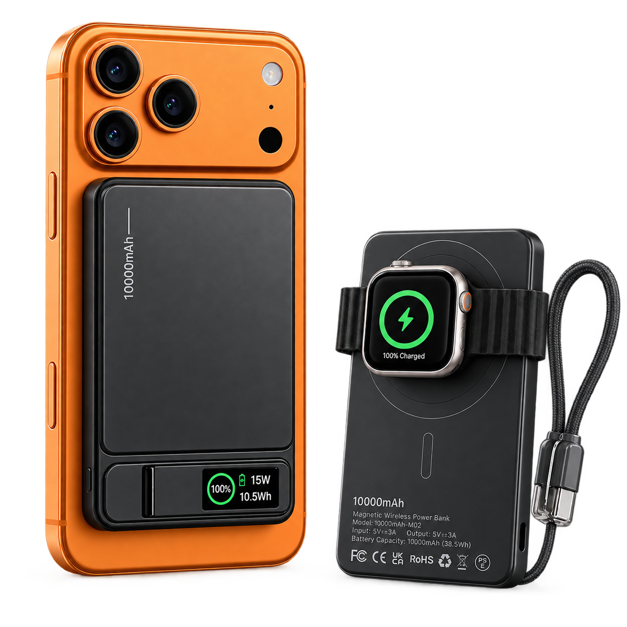 Orange phone with a black 10,000mAh magnetic power bank attached, plus a second view showing the power bank charging a smartwatch
